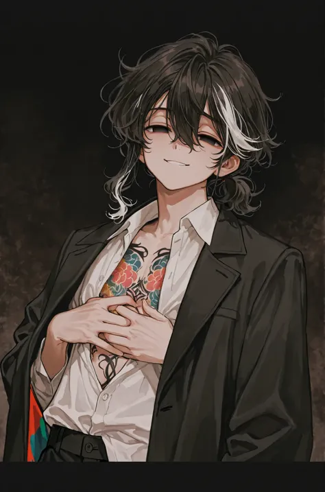 masterpiece, best quality, amazing quality, very aesthetic, newest, general, solo, 1 boy, bishounen, (otokonoko), 60s, low contrast , cowboy shot, face through thighs, ((hands in pockers)), darkcharcoal hair, white streaked hair, highlight hair, wavy hair,...