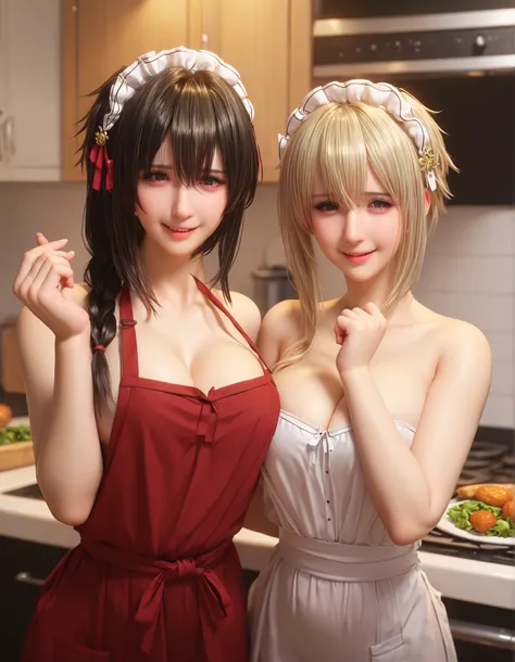 yuki yokoya and violet evergarden, two anime girls with big breasts, two women pose, full body shot, camera angle profesional, excited, with flushed cheeks, wearing red cooking apron only, oppai, oppai proportions, two beautiful anime girls (yuki yokoya an...
