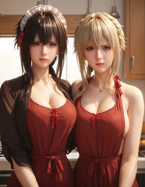 yuki yokoya and violet evergarden, two anime girls with big breasts, two women pose, full body shot, camera angle profesional, excited, with flushed cheeks, wearing red cooking apron only, oppai, oppai proportions, two beautiful anime girls (yuki yokoya an...