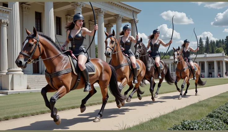 Greek Amazons in dark bronze, almost black armor. Bronze helmet with black crest, brown capes. Perfect hands. Beautiful women. Wide reddish-brown leather belt. Running in attack, expression of fury, letting out furious screams. Blurred background. Riding b...