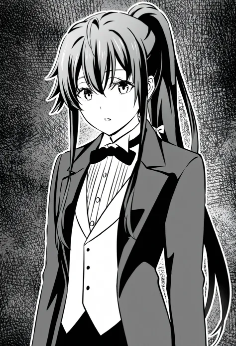 yukinoshita yukino,1girl, tuxedo tailcoat ,long hair,ponytail,formal black suit,black jacket, a white dress shirt, a black bow tie, and a white vest.The suit is detailed,manga style,clean black and white line art, detailed shading on the clothing