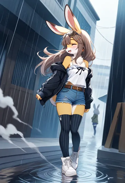 1girl, (furry, kemono:1.4), rabbit girl, animal nose, rabbit ears, long_hair, solo, profile, from_side, jacket, closed_eyes, denim, striped, hair_ornament, earrings, open_mouth, shorts, short_shorts, boots, grey_hair, hairclip, bare_shoulders, shirt, off_shoulder, long_sleeves, denim_shorts, hairband, skirt, polka_dot, sleeveless, jewelry, sleeves_past_wrists, vertical_stripes, shoes, black_legwear, bangs, blue_shorts, white_footwear, diagonal_stripes, shadow, smile, blue_skirt, ribbon, white_shirt, open_clothes, camisole, frills, hood, motion_blur, open_jacket, striped_legwear, water, rain, belt, black_ribbon, blush, blurry, thighhighs, brown_hair, outdoors, eyewear_on_head, reflection, standing, Wind effect, smoke, masterpiece, best quality, very aesthetic, absurdres