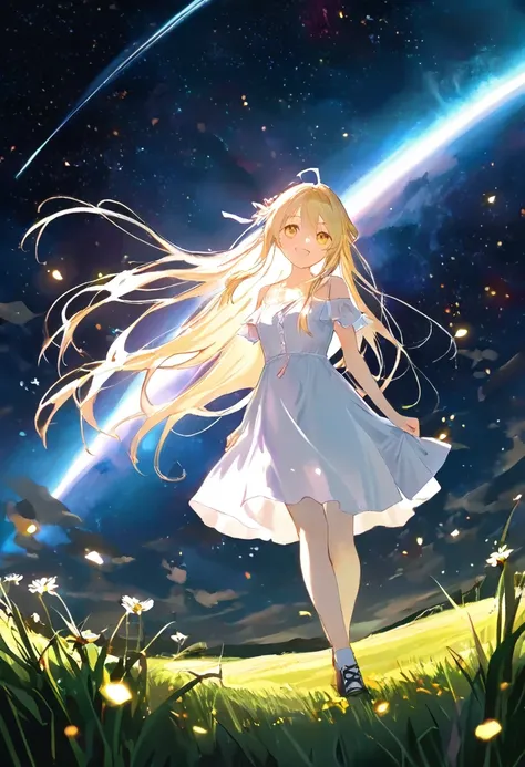 Bright smiling girl。The atmosphere of light shining in。Mysterious。Grassland scenery。Particles of light are dancing in space。