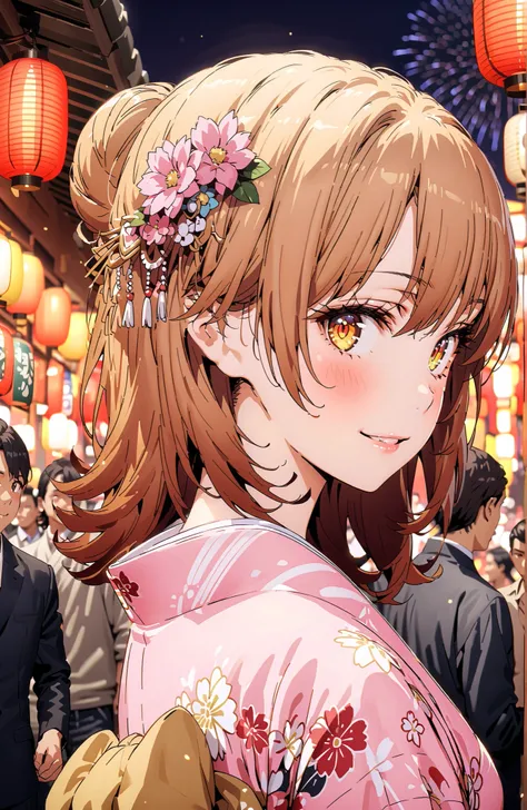 Iroha Isshiki, brown hair,brown eyes,side lock,single bun hair,flower hair ornament,Nape,Pink floral kimono,Light up fireworks,Japanese stalls ,Red Lantern,smile,blush,grinning,crowd,full bodyがイラストに入るように,
break looking at viewer,full body,
break outdoors, ...