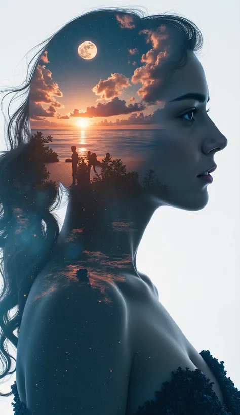 high quality, 8K Ultra HD, A beautiful double exposure that combines an goddess silhouette with aurora star moon atmospheric all planet, atmospheric all planet should serve as the underlying backdrop, with its details incorporated into the goddess , crisp ...