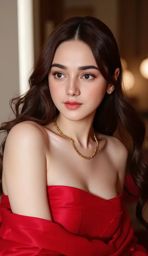 high quality,Generate 8k realistic photo portrait of a half-body young woman 30 years old, no makeup, in red evening dress, gold jewelry. In the style of Brandon Woelfel photography. 45 degrees from the camera. 85mm f1.4