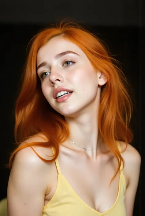 Medium plane of a fair-skinned redhead Honey Eyes 23 years old, Ultra-high resolution photo taken using a Sony A7R IV + 135mm f/1.8 gramas, dream depth of field, white leg pants, yellow blouse