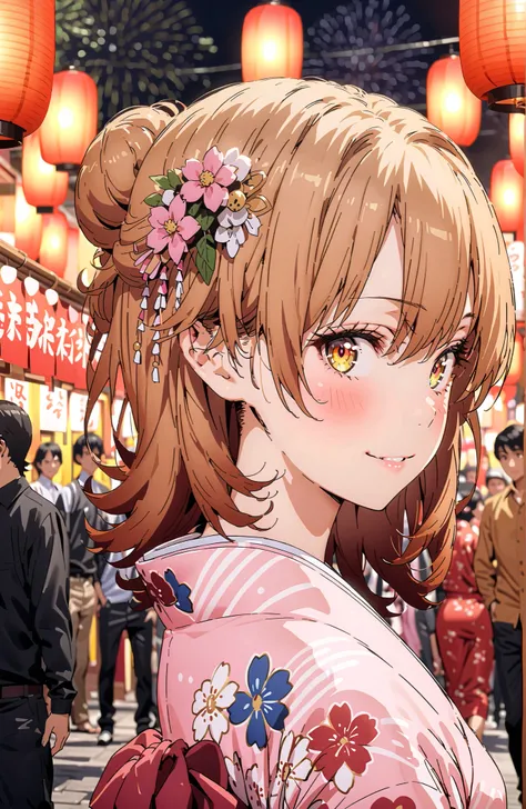 Iroha Isshiki, brown hair,brown eyes,side lock,single bun hair,flower hair ornament,Nape,Pink floral kimono,Light up fireworks,Japanese stalls ,Red Lantern,smile,blush,grinning,crowd,full bodyがイラストに入るように,
break looking at viewer,full body,
break outdoors, ...