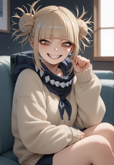 Himiko toga sitting looking backwards at the spectator, smiling 