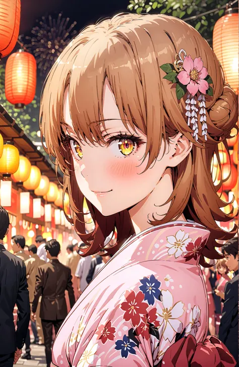 Iroha Isshiki, brown hair,brown eyes,side lock,single bun hair,flower hair ornament,Nape,Pink floral kimono,Light up fireworks,Japanese stalls ,Red Lantern,smile,blush,grinning,crowd,full bodyがイラストに入るように,
break looking at viewer,full body,
break outdoors, ...