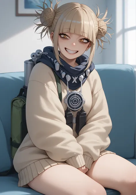 Himiko toga sitting looking backwards at the spectator, smiling 