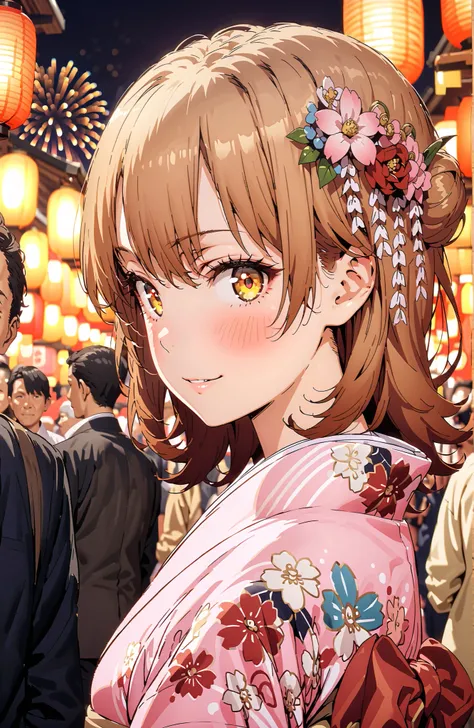 Iroha Isshiki, brown hair,brown eyes,side lock,single bun hair,flower hair ornament,Nape,Pink floral kimono,Light up fireworks,Japanese stalls ,Red Lantern,smile,blush,grinning,crowd,full bodyがイラストに入るように,
break looking at viewer,full body,
break outdoors, ...