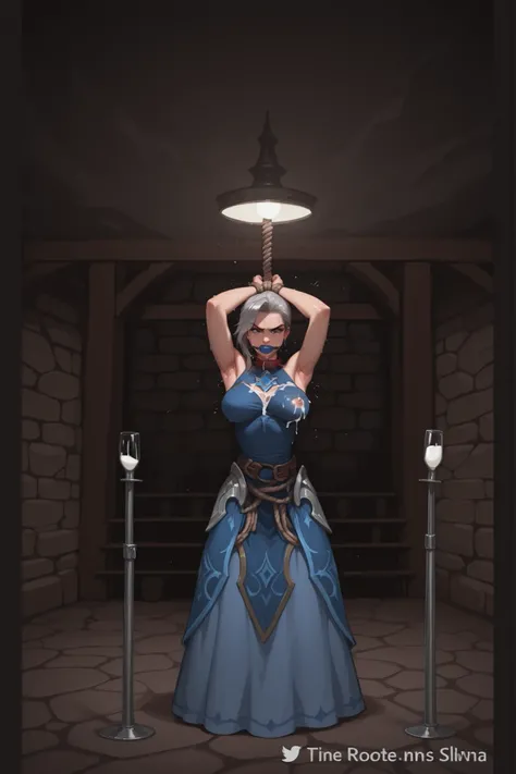 Silvanna from mobile legend bang bang,silvana mlbb,Tied up,wearing ballgag in her mouth,wearing dog collar in her neck,showing both her armpit and hand is tied up with rope,full body,front view,showing both her armpit,standing,she is cum,wearing outfit,wea...