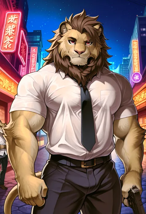 (Masterpiece) (High Detail) (High Res) A tall huge muscular Anthro Lion Furry Male with Golden fur with Dark Brown Mane with Grey hairs to make him look old. He has a scar over his right eye and across his arms and a muscle gut and red eyes and golden lion...