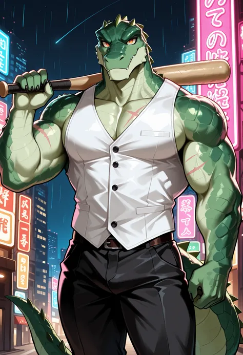 (Masterpiece) (High Detail) (High Res) A tall huge muscular Anthro Crocodile Scaly Male with green scales with Dark green spikes on his body with No hair. He has scars on his body. He has a muscle gut and orange eyes and long scaly green crocodile tail. He...