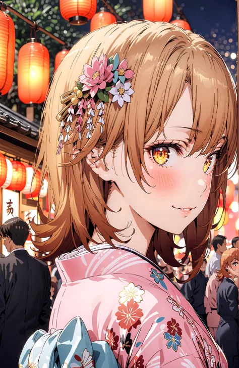 Iroha Isshiki, brown hair,brown eyes,half up do,short hair,flower hair ornament,Nape,Pink floral kimono,Light up fireworks,Japanese stalls ,Red Lantern,smile,blush,grinning,crowd,full bodyがイラストに入るように,
break looking at viewer,full body,
break outdoors, Japa...