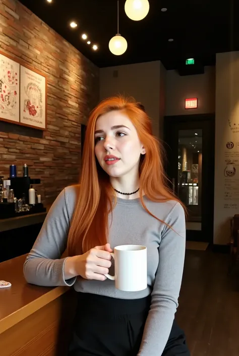 redhair woman in a cozy coffee shop, wearing a gray sweater and a short black skirt, holding a white coffee mug. She leans casually against a wooden counter under warm pendant lights, with a brick wall and coffee station in the background.





