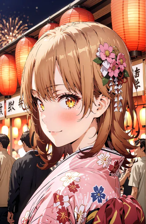 Iroha Isshiki, brown hair,brown eyes,half up do,short hair,flower hair ornament,Nape,Pink floral kimono,Light up fireworks,Japanese stalls ,Red Lantern,smile,blush,grinning,crowd,full bodyがイラストに入るように,
break looking at viewer,full body,
break outdoors, Japa...