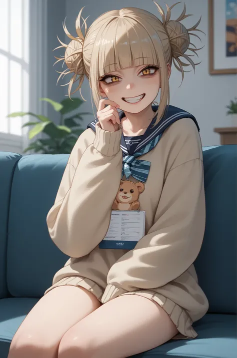 Himiko toga sitting looking backwards at the spectator, smiling 