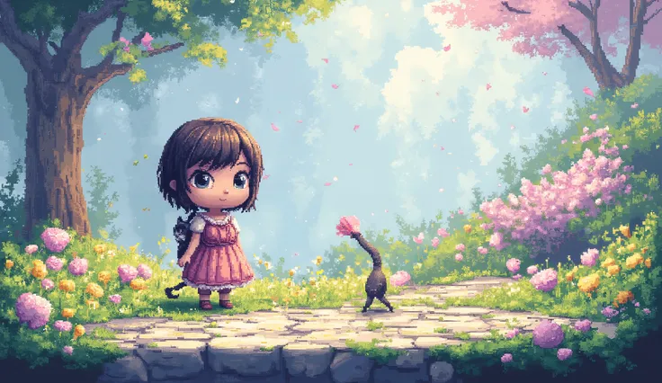 a girl in a field of flowers with a black cat in her shoulder, 3D pixel art 4K wallpaper. Incredible pixel art detail. Pixel art. Steam waves. Detailed Unreal Engine pixel art