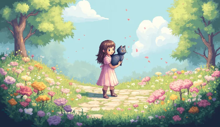 a girl in a field of flowers with a black cat in her shoulder, 3D pixel art 4K wallpaper. Incredible pixel art detail. Pixel art. Steam waves. Detailed Unreal Engine pixel art
