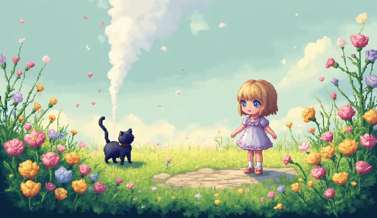 a girl in a field of flowers with a black cat in her shoulder, 3D pixel art 4K wallpaper. Incredible pixel art detail. Pixel art. Steam waves. Detailed Unreal Engine pixel art