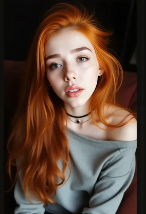 mouth-closed, woman of a 27-year-old girl with long, flowing red hair and striking dark eyes. in her living room, on a sofa, wearing a legging, and a sweatshirt, full body, full living room panorama vision beautiful sofa, , best quality, ultra-detailed, so...