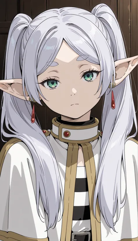best quality,masterpiece,highres,absurdres,1girl,solo,newest,rating: general,   ,(frieren, pointy ears, elf, earrings, twintails, parted bangs, grey hair, thick eyebrows)