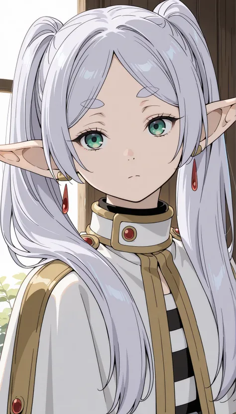 best quality,masterpiece,highres,absurdres,1girl,solo,newest,rating: general,   ,(frieren, pointy ears, elf, earrings, twintails, parted bangs, grey hair, thick eyebrows)
