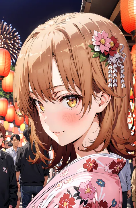 Iroha Isshiki, brown hair,brown eyes,half up do,short hair,flower hair ornament,Nape,Pink floral kimono,Light up fireworks,Japanese stalls ,Red Lantern,smile,blush,grinning,crowd,full bodyがイラストに入るように,
break looking at viewer,full body,
break outdoors, Japa...