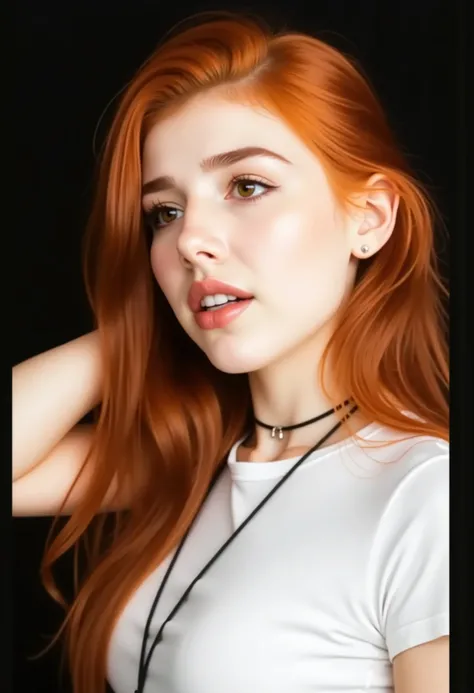 A red-haired woman with honey-colored eyes, wearing a fitted white T-shirt and a noticeable lanyard around her neck. She poses facing the opposite side, gently lifting one arm behind her head, showing perfect, well-defined hands, each with 5 distinct finge...