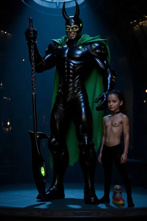 Male, tall 8"5, Strong, clade in polished black full plate armor. standing on a spaceship's bridge. A cape of green crystal hangs from his back. His gauntlet fist grips the shaft of a polearm.. Insane detail, futuristic, Dark, blue lighting from above. th...