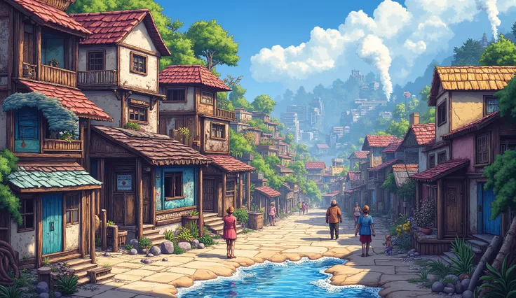 a representation of a Brazilian favela, Full of houses on a hill, wooden shacks , 3d pixelart, pixelart, incredible detail pixelart, Steam waves, Detailed Unreal Engine pixel art