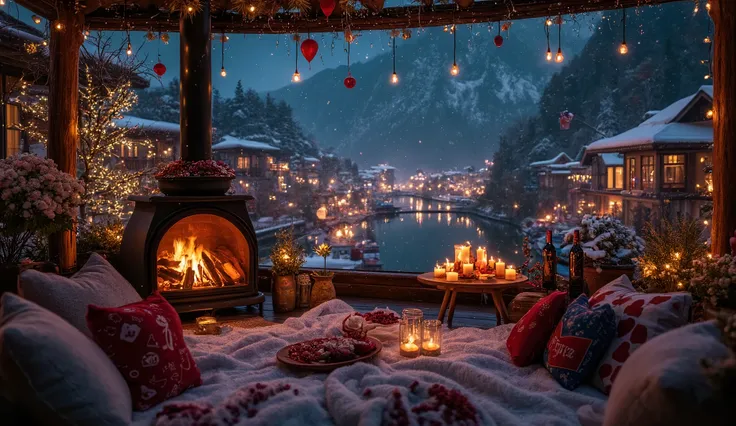 A romantic village on top of a village in the Himalayas teaches about vibrant colors at night The photo shows a romantic outdoor space but surrounded by glass on the sides and a canopy with falling snow , many hugging pillows and a bright white blanket se...