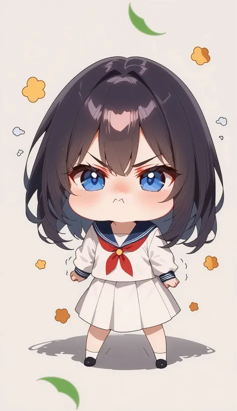  chibi,1 girl, solo, full body,(plump cheeks:1), (ＶWord eyebrows), trembles, Effects of Anger ,  school sailor,masterpiece, top quality, Good Quality, newest, puffy cheeks