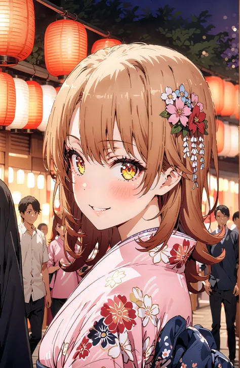 Iroha Isshiki, brown hair,brown eyes,half up do,short hair,flower hair ornament,Pink floral kimono,Light up fireworks,Japanese stalls ,Red Lantern,smile,blush,grinning,crowd,full bodyがイラストに入るように,
break looking at viewer,full body,
break outdoors, Japanese ...