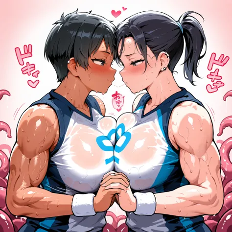 Volume Light , ２women in hair, black hair, short cut hair and ponytail hair, blush, muscular, ear piercing, Big Breast, Super sweaty body, tanned body, The expression I want to kiss , face the front and cuddle up, tentacle pit, holding hands, wearing a vol...
