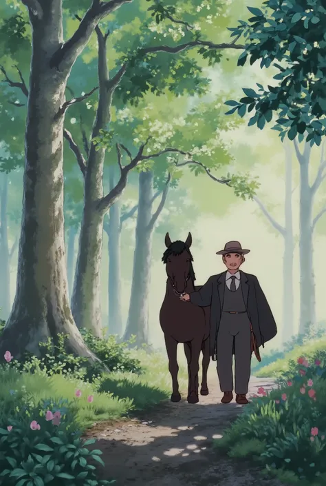 (((masterpiece, highest quality, High resolution,8k))),morning,Stableman pulling a horse,Forest Path、(((mist:1.7))),tree in morning fog. midde age outfit