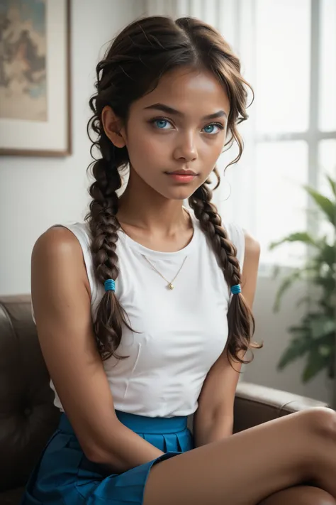 an anime girl,  brown hair, brown skin, two braids hairstyle, blue eye lenses,  sleeveless t-shirt, neckline, short skirts, sitting ,  crossed legs,