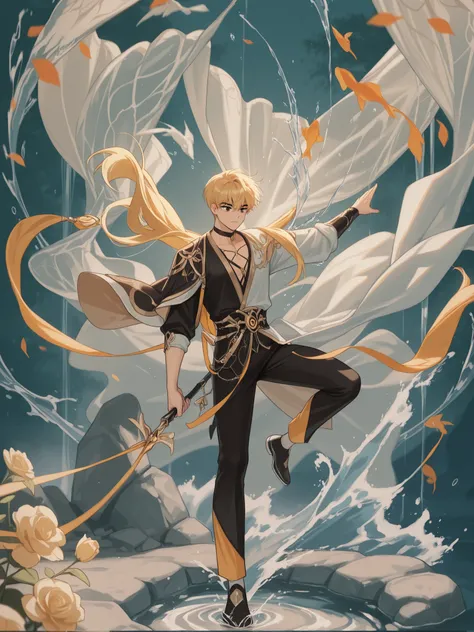 Full hd , blonde hair , 8k , clear face ,with double hair split in the middle , handsome , manhwa, water, 2 eyes are clearly not blurred, xinh trai , color tone , eyes are not distorted