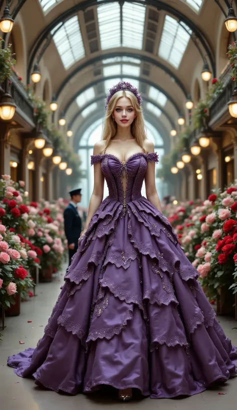Beautiful young woman, 18 years old, ((high quality、masterpiece、realistic:1.4、in 8K))、beautiful woman、18 years old、Beautiful facial expressions、blonde hair、Highly detailed eyes and face、Beautiful and delicate eyes、costume gloves、（Gorgeous purple luxury dre...