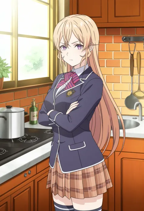  Official anime artwork,erina nakiri,1girl,solo,long hair,bangs,hair between eyes,school uniform,jacket,skirt,zettai ryouiki,,breasts,cowboy shot,looking at viewer,mature,upper body,crossed arms BREAK indoors,Cozy,white walls,small sink, marble countertop,...