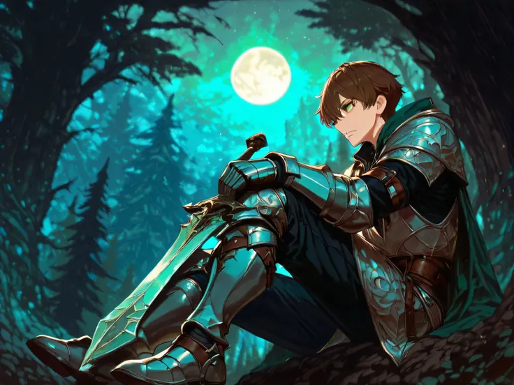 masterpiece, best quality,high quality, newest, highres,8K,HDR, absurdres, 1boy, solo, green eyes, brown hair, enchanted sword, silver armor, ornate patterns, sword laying aside, armored gauntlets, high fantasy, sitting under pine tree, blue and green pale...