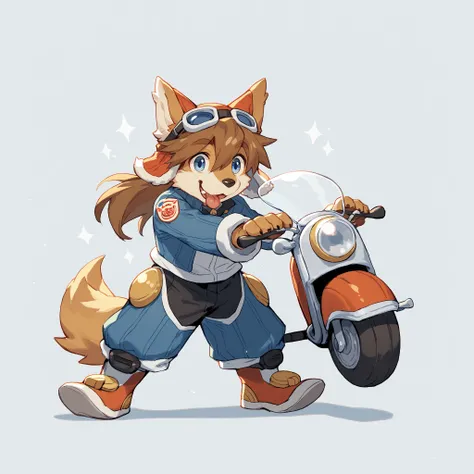 kemono, solo, furry, Red Savarin, dog boy, 1boy, two-tone fur, puppy, brown hair, dog ears, animal nose, blue eyes, dog tail, cute, stand up, happy, tongue out, full body, white background, 