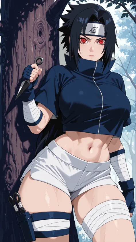 Masterpiece, 8k quality, extremelyl detailed, NSFW, adult female Sasuke Uchiha, waist-length raven hair tied back with layered fringe, intense eyes reflecting her Sharingan power, wearing a cropped navy-blue shinobi top and short white ninja shorts that re...
