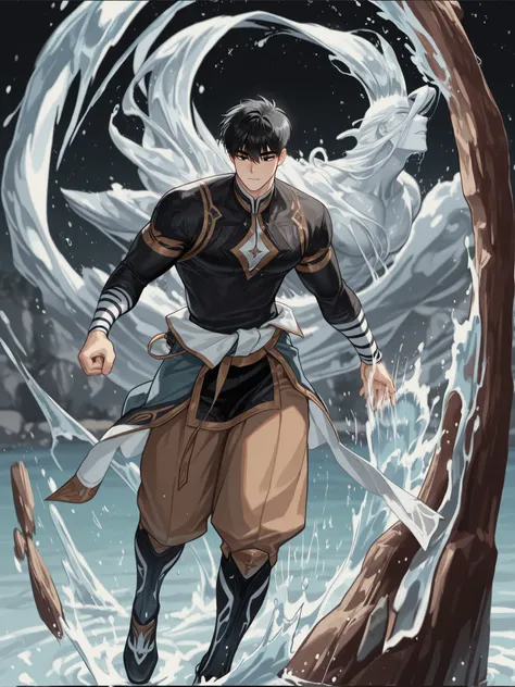 Full hd , Black hair , 8k , clear face , handsome , manhwa, water, 2 eyes are clearly not blurred, virile , color tone , eyes are not distorted , swipe back hair up , short hair, six-pack , open belly , short hair , nam , stripes Caucasian , short s...