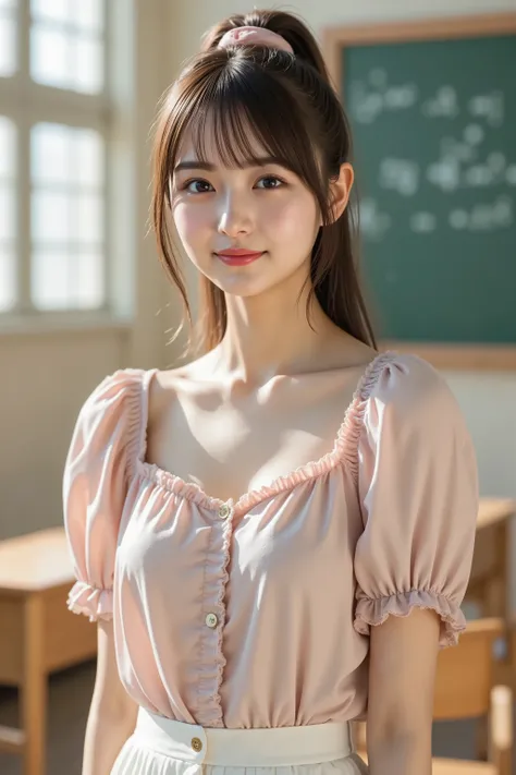 firm breast, by adjusting the framing so the subject's full head is visible within the composition, with the crop showing only from just above the bust to slightly above the top of the head. Ensure there is a comfortable amount of background space above th...