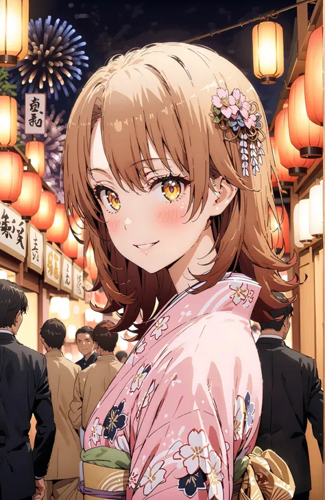 Iroha Isshiki, brown hair,brown eyes,half up do,short hair,flower hair ornament,Pink floral kimono,Light up fireworks,Japanese stalls ,Red Lantern,smile,blush,grinning,crowd,full bodyがイラストに入るように,
break looking at viewer,full body,
break outdoors, Japanese ...