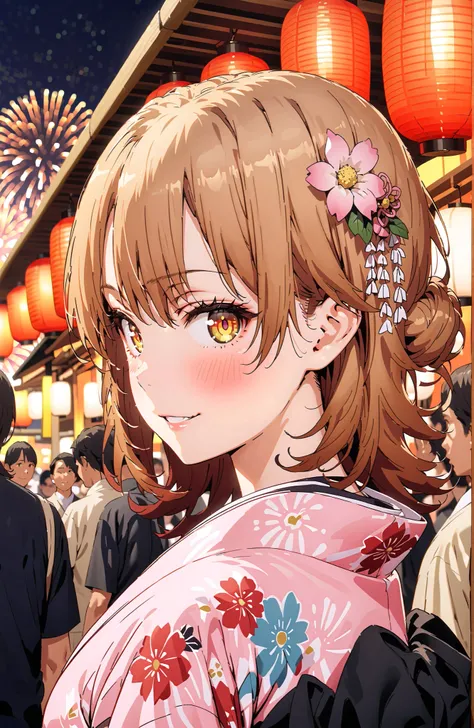 Iroha Isshiki, brown hair,brown eyes,side lock,single bun hair,flower hair ornament,Nape,Pink floral kimono,Light up fireworks,Japanese stalls ,Red Lantern,smile,blush,grinning,crowd,full bodyがイラストに入るように,
break looking at viewer,full body,
break outdoors, ...