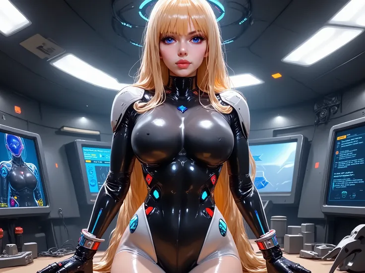in high-definition images、A girl of the European type of supermodel-sexy masterpiece of transhumanism, blonde, blue eyes, Cyber Technology, a fusion of a perfect body and future technology, The girl、about human transformation among operators、Standing in a...